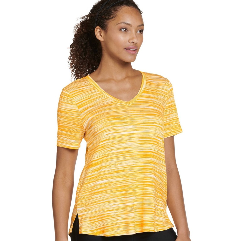 Jockey Womens V-Neck Tee Size M Gold Yellow Stretch Knit Hi-Low Hem Side Slits